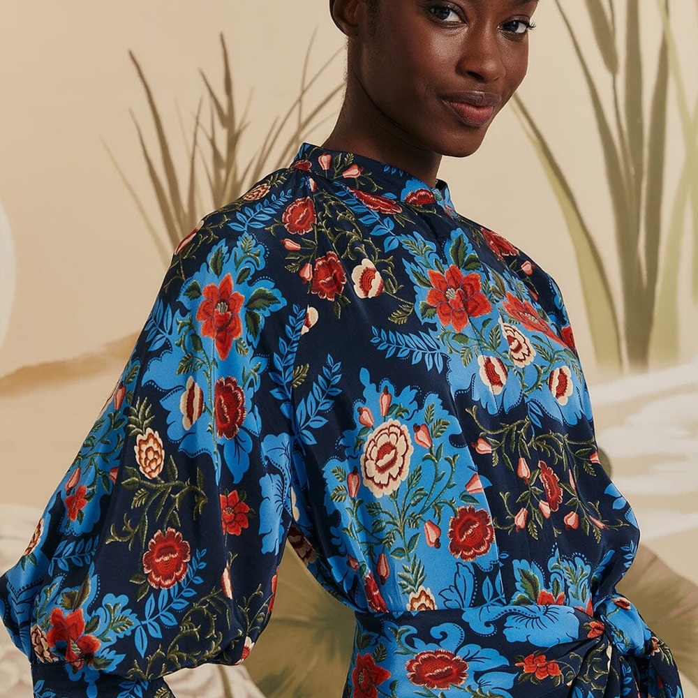 FARM Rio Floral Long Sleeve Dress - Blue and Red